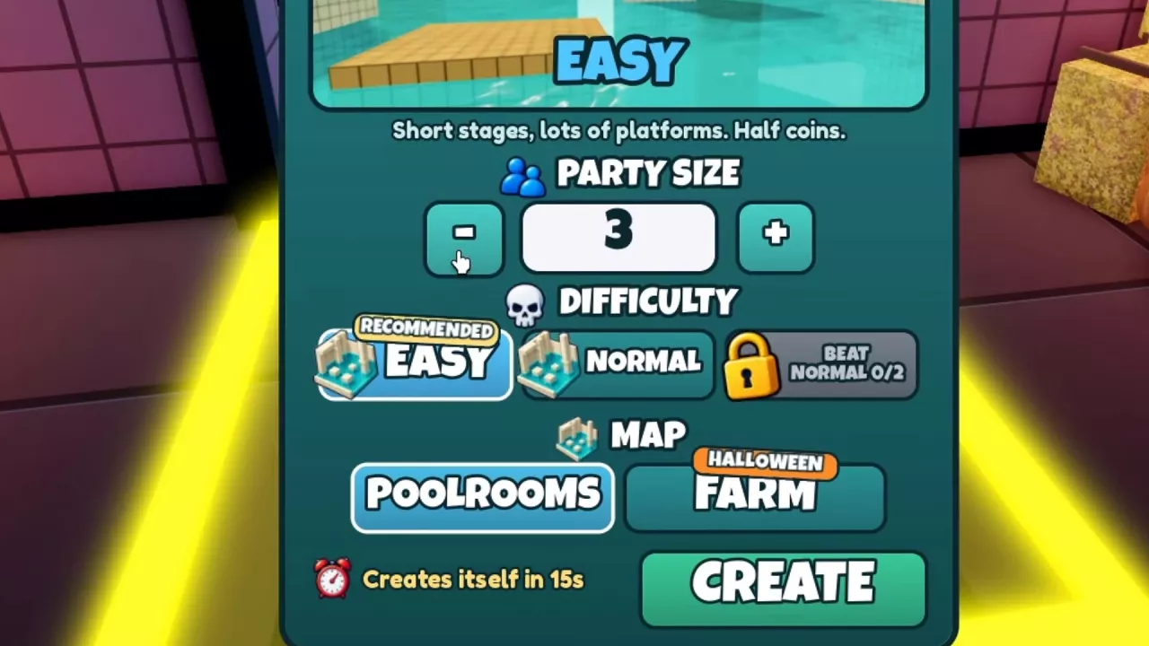 Create Party menu with party size, difficulty options, and Poolrooms and Farm map choices.