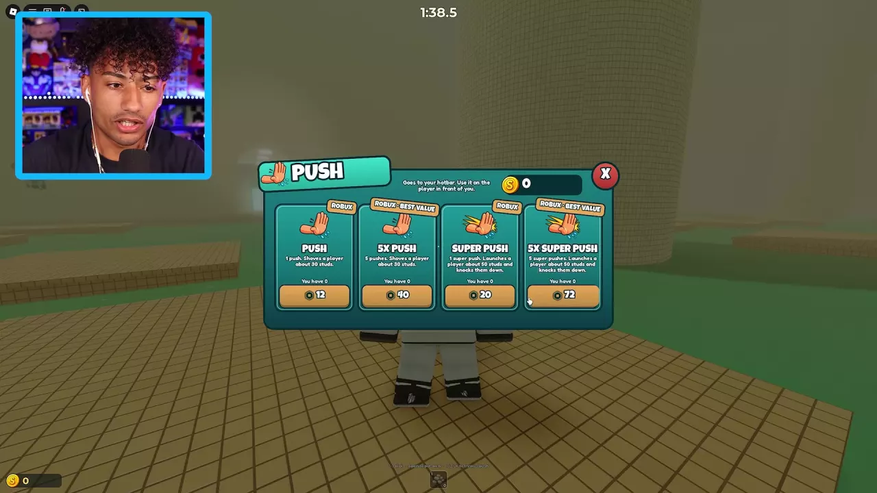 PUSH shop showing single-use and five-use Push and Super Push packs with Robux prices.