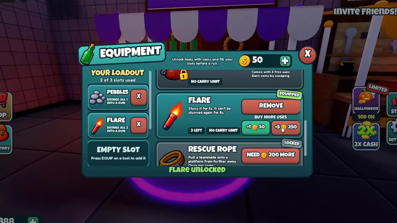 Flare equipped in the Equipment menu with +1 and +5 refill buttons.
