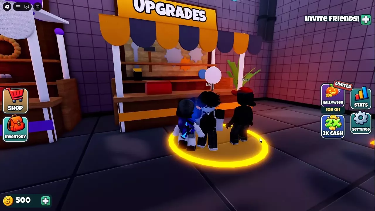Yellow UPGRADES stall and glowing entrance circle in the lobby.