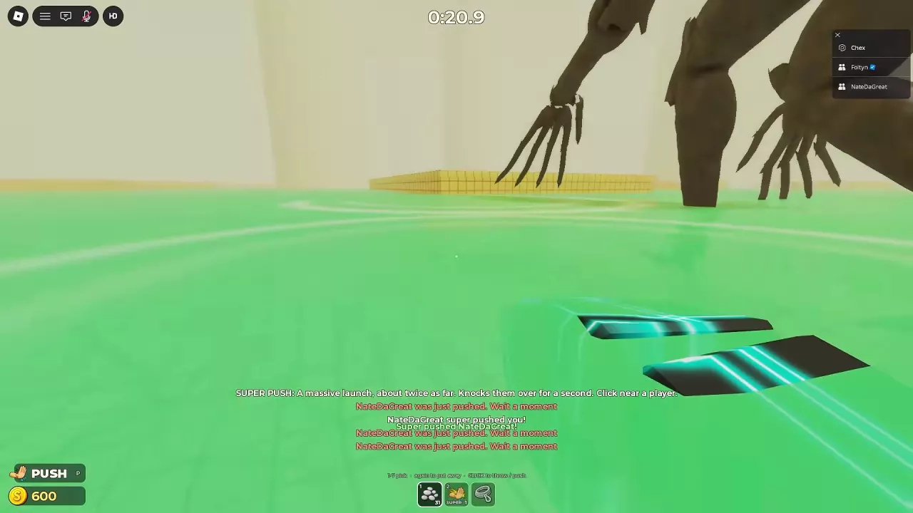 Super Push hotbar selection with a Wait a moment message for a recently pushed player.