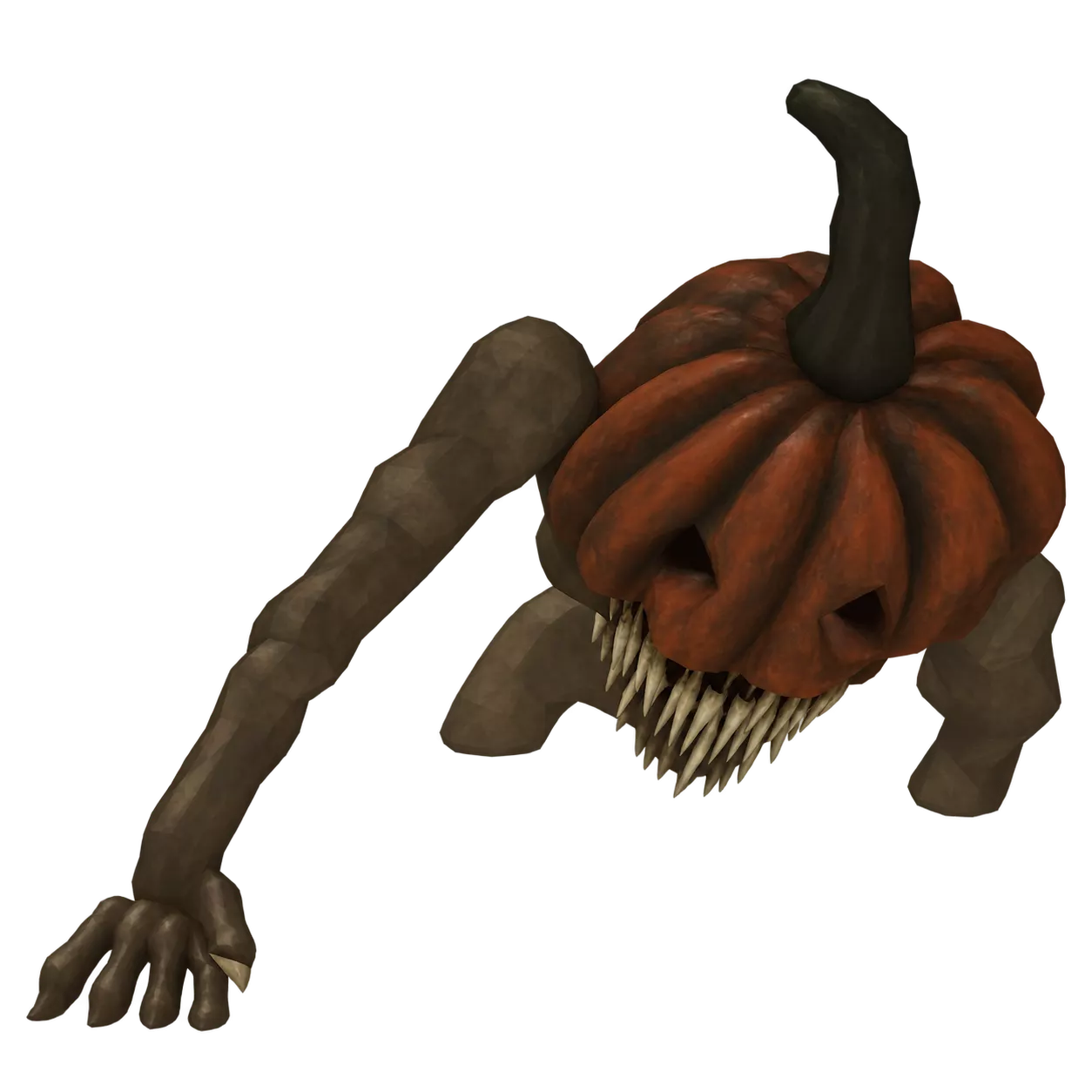 A pumpkin-headed monster with sharp teeth and long dark arms above green water.