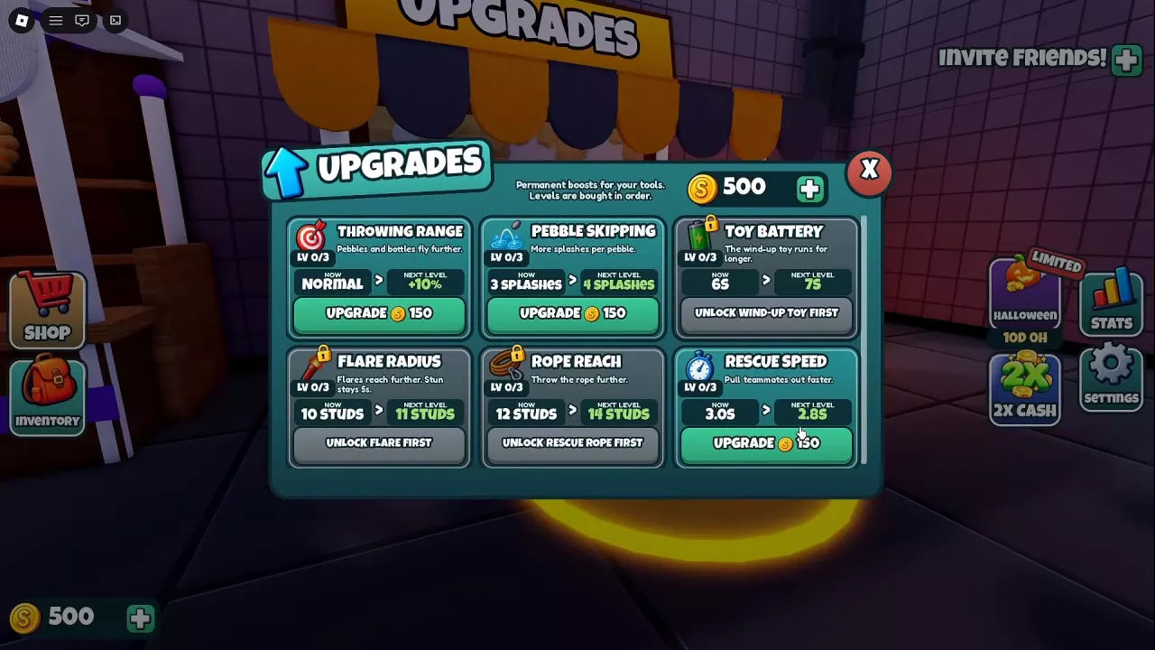 Upgrade menu with six level 0 values, level 1 previews, Coin prices and tool unlock requirements.