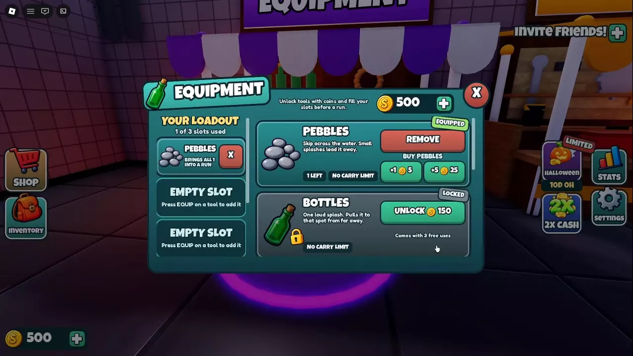 Equipment menu showing Bottles priced at 150 coins, three included uses, and no carrying limit.