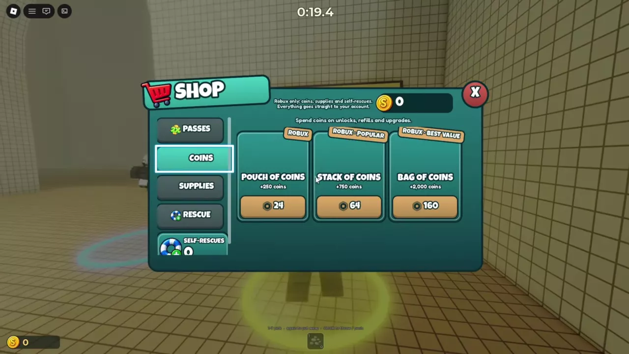 DONT SPLASH SHOP with COINS selected and three Coin packages priced in Robux.