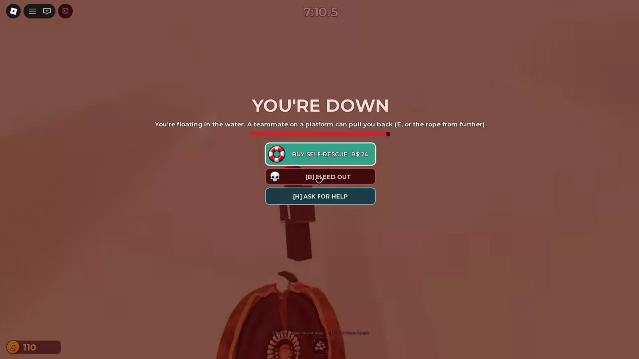 DONT SPLASH downed menu with H to ask for help, B to bleed out, and a 24-Robux self-rescue offer.