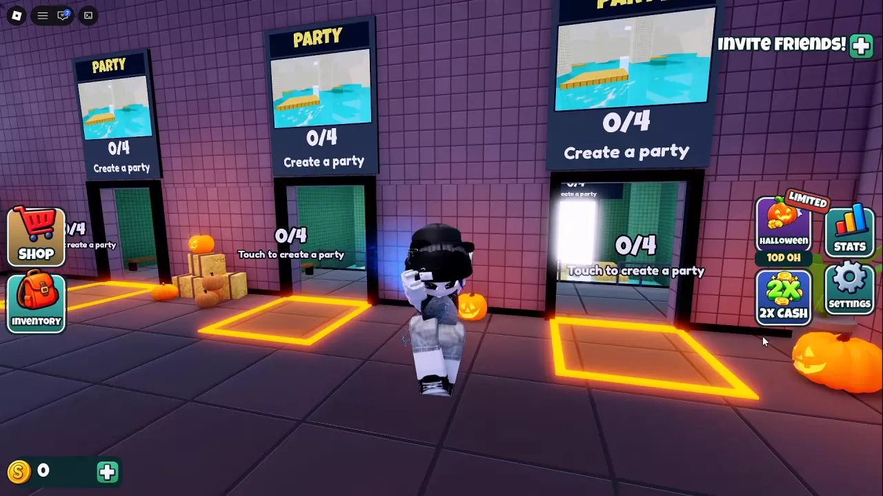 Lobby party entrances labeled Touch to create a party.