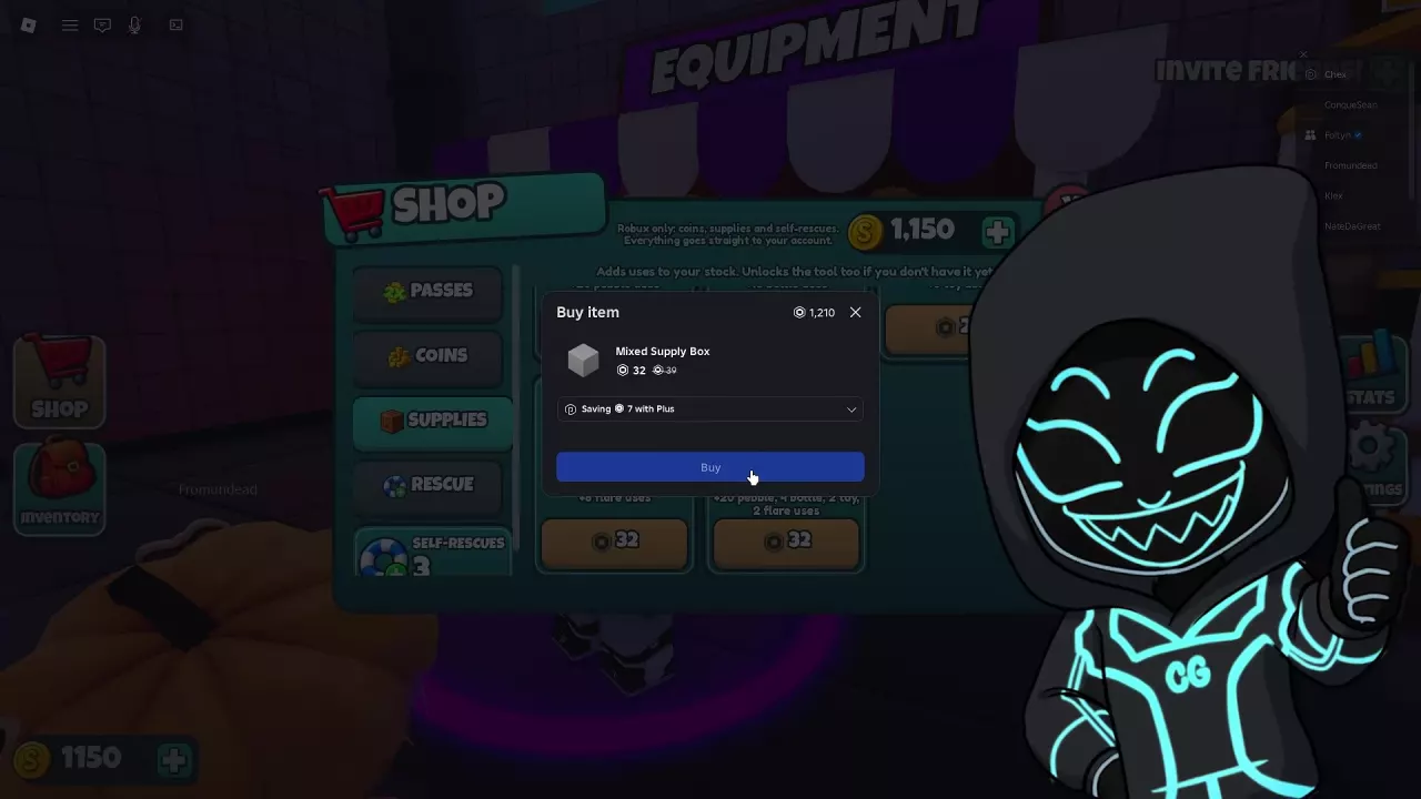 Mixed Supply Box purchase confirmation showing 32 Robux, a crossed-out 39 Robux price, and Plus savings of 7 Robux.