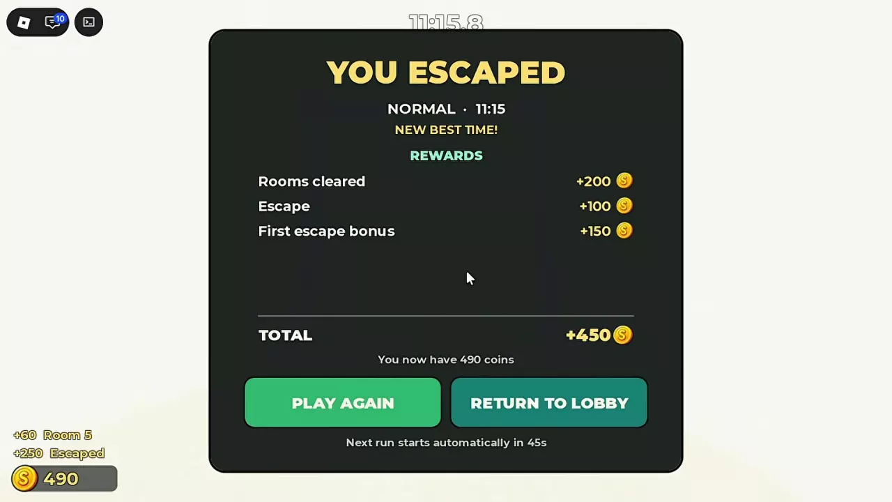 NORMAL escape results showing 200 cash for rooms cleared, 100 for escaping, a 150 first-escape bonus, and a 450 total.