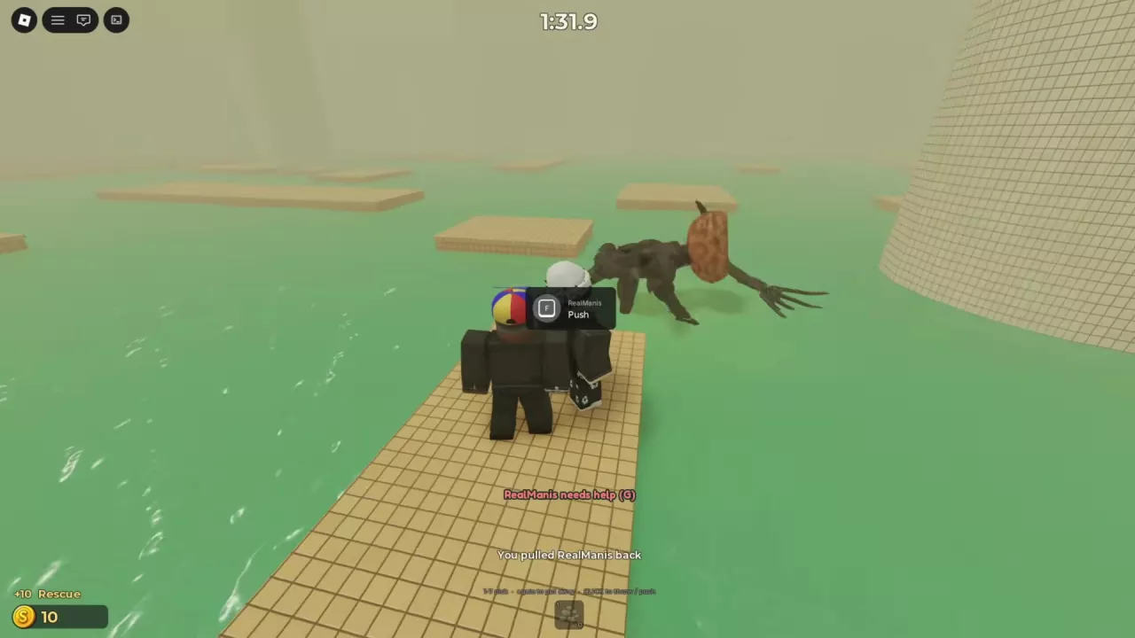 Teammates on a platform with the needs help (G) prompt and a successful pull-back message.