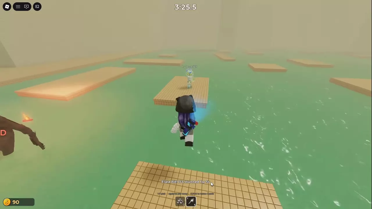 A player jumps toward the next platform as the Flare hit message confirms a five-second stun.