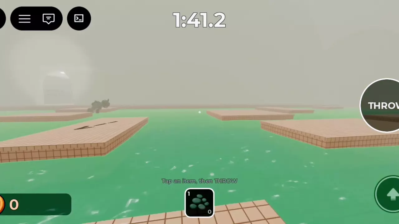 Touch controls with the selected pebble slot, THROW button, and jump arrow.