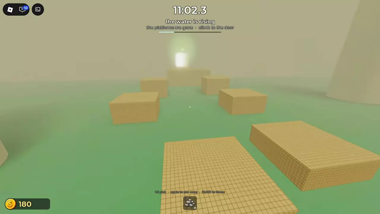 Staggered yellow blocks separated by water lead upward to the glowing exit door.